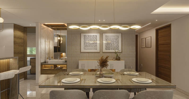 Open-plan dining area with luxury woodwork and natural lighting, designed by Rzian Homes