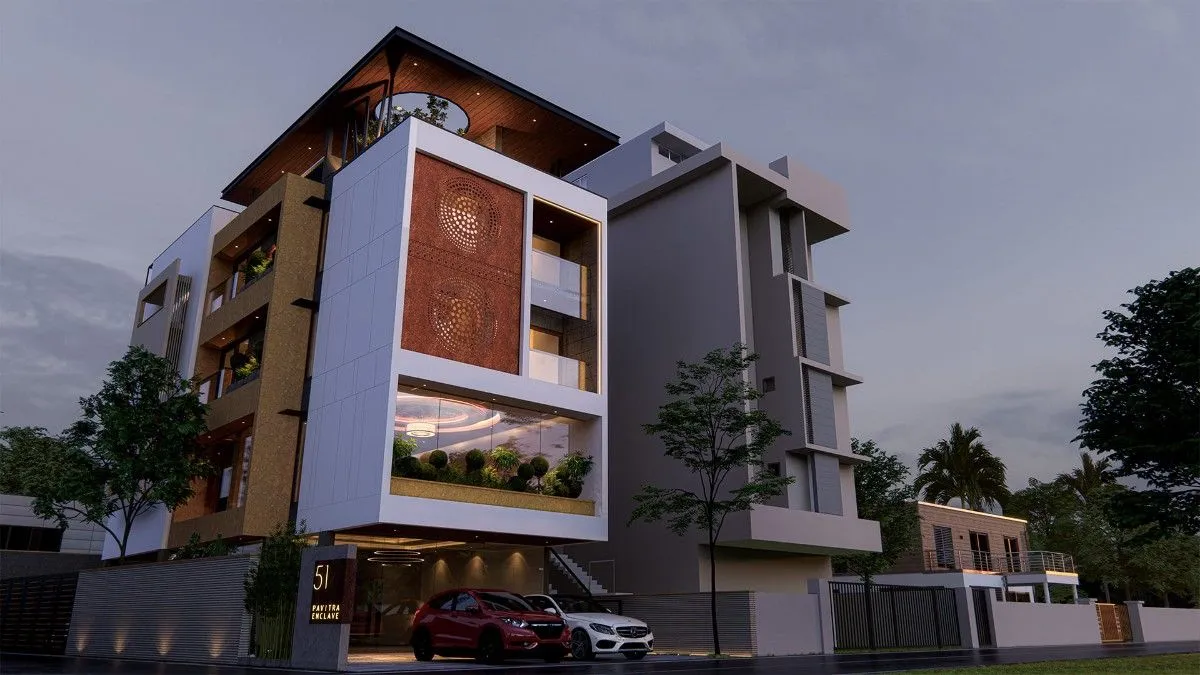 Multi-floor modern house elevation in Kowdiar, Trivandrum