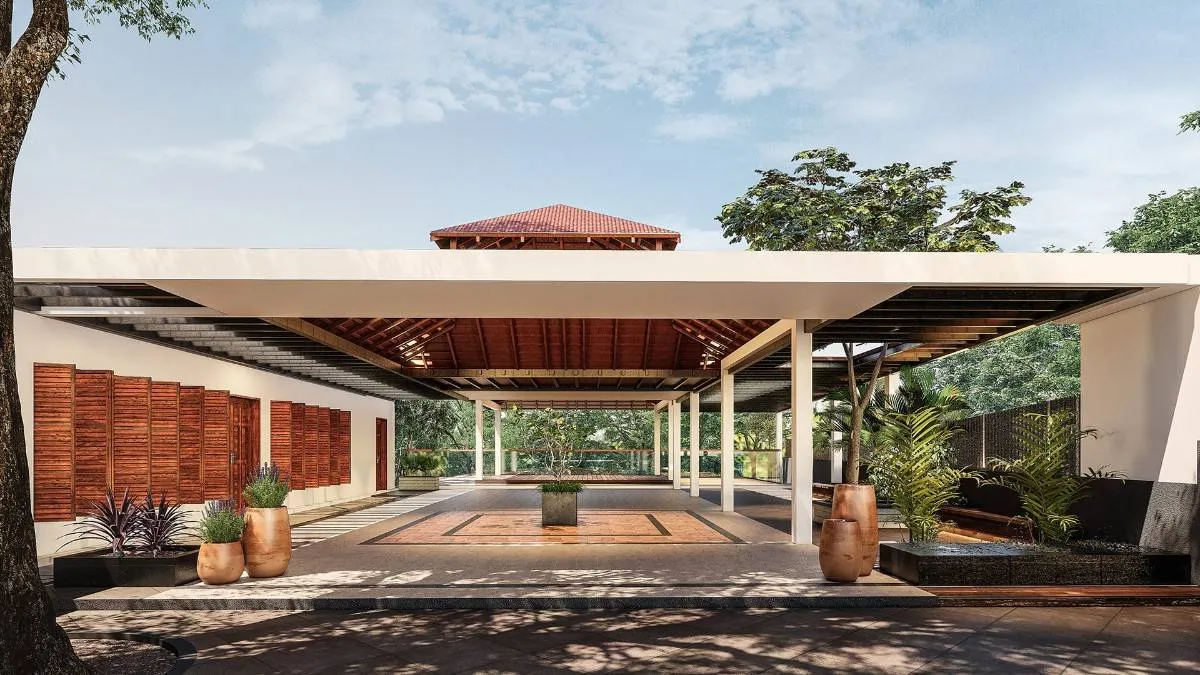 Traditional-contemporary Kerala home elevation in Kowdiar, Trivandrum