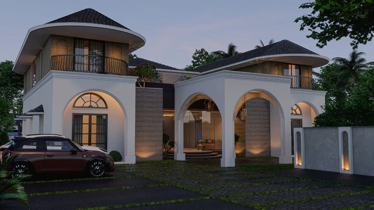 6 BHK Double floor Kerala house plan elevation, view 4