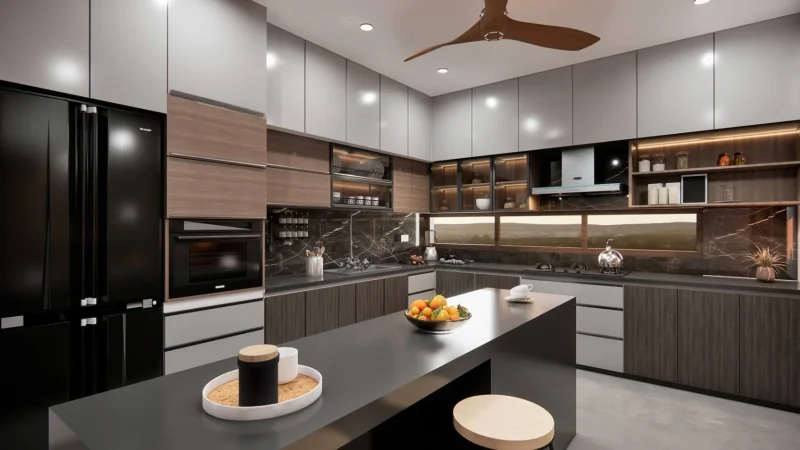 A modern island kitchen interior finished by Rzianz in Trivandrum