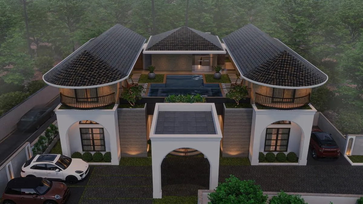 6 BHK Double floor Kerala house plan elevation, view 2