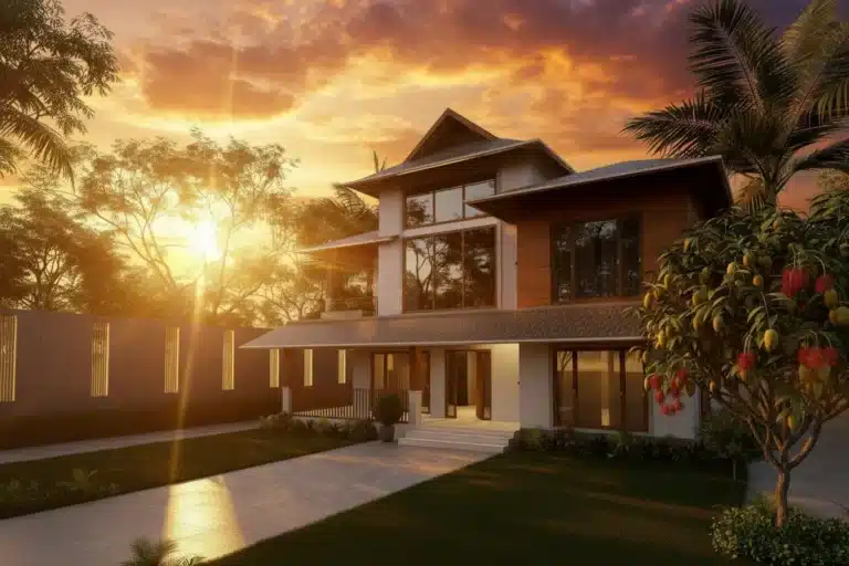 Kerala contemporary home exterior at golden hour - designed and built by Rzian Homez, trusted Architects in Trivandrum.