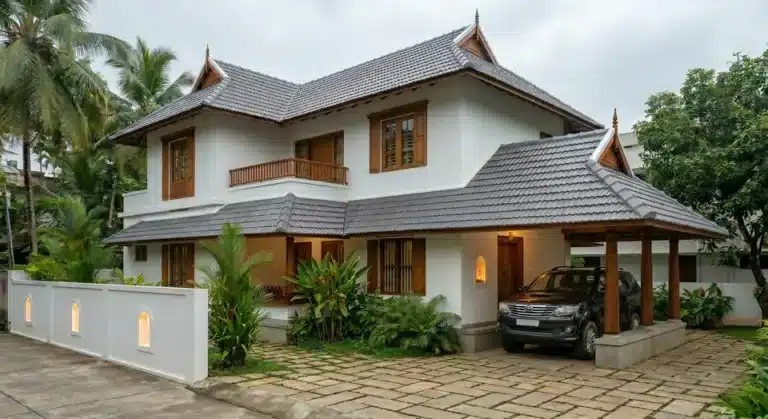 Kerala style double floor house in Trivandrum with grey sloping roof, wooden windows, and covered car porch