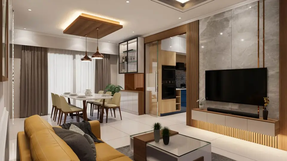 Living and dining interior with teak windows and anjili doors, Anayara, Trivandrum — Rzian Homez