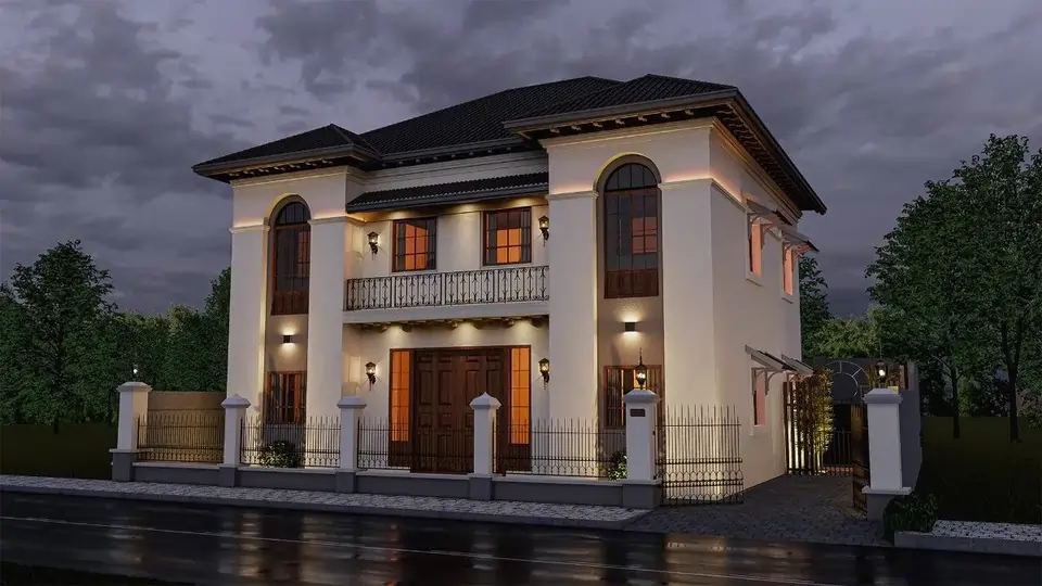 Colonial house elevation in Poojappura, Trivandrum by Rzian Homez