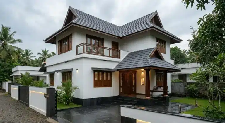Modern Kerala style house in Trivandrum with grey sloping roof, wooden windows, balcony, and premium front sitout