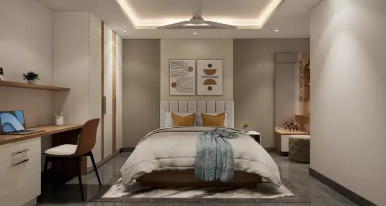 Bedroom interior in Sreekaryam, Trivandrum, designed and executed by Rzian Homez