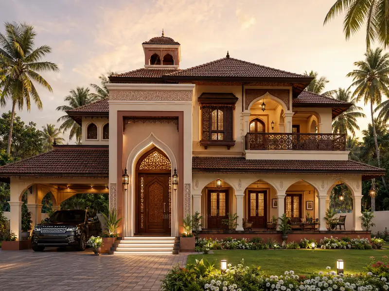 Indo-Islamic heritage Kerala home in Trivandrum, ogee-arch entrance, fretwork jali, corner cupola, tiled roofs