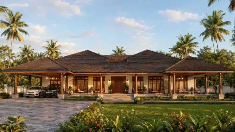 Kerala luxury bungalow house elevation by Rzian Homez