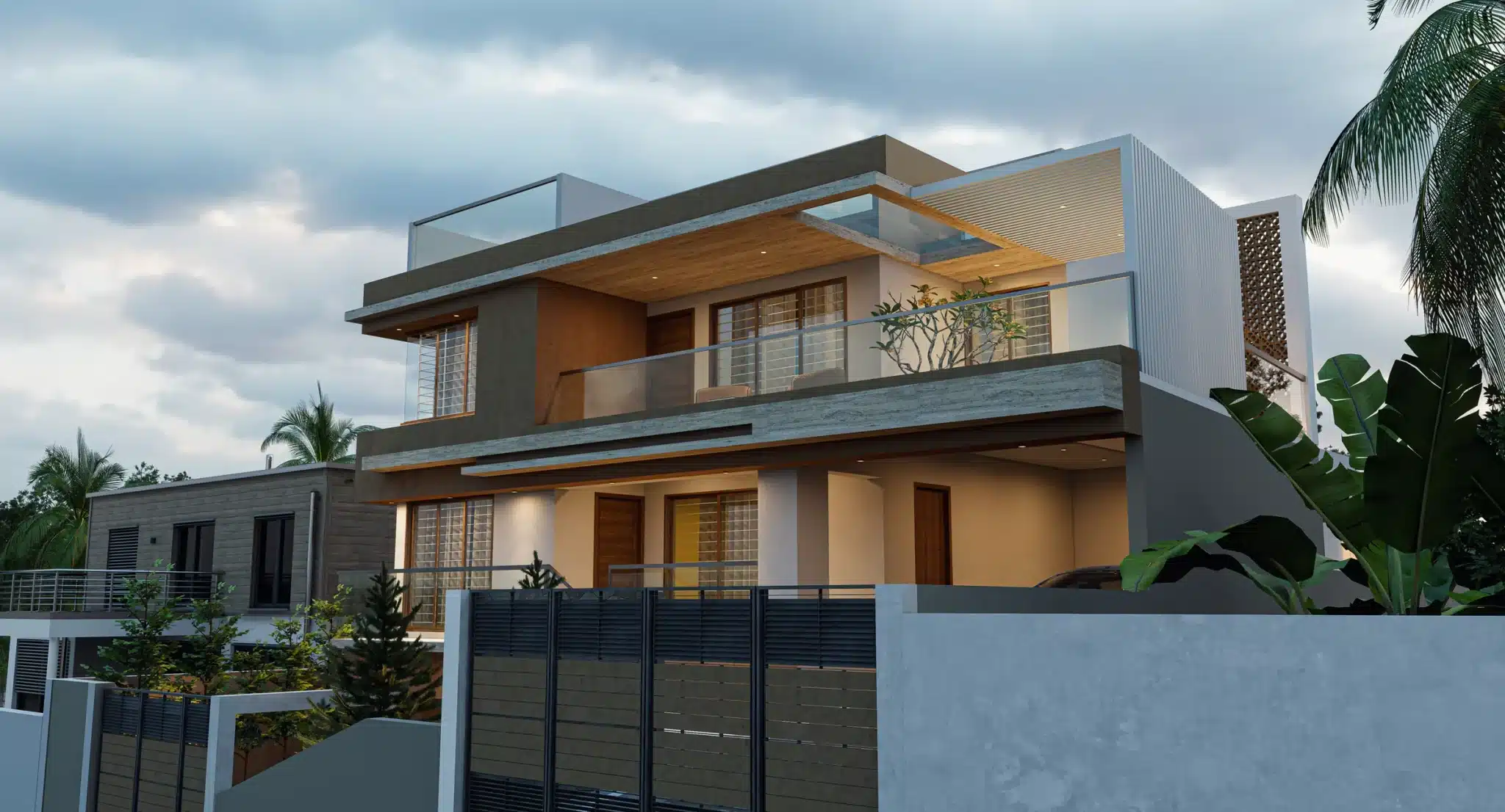 5 BHK Double floor Kerala house plan elevation, view 1