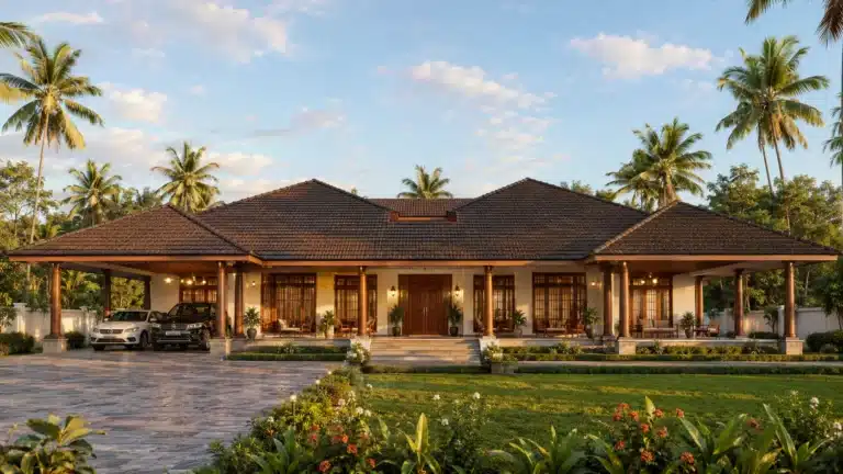 Luxury traditional Kerala bungalow with sloped tiled roof and landscaped lawn in Trivandrum by Rzian Homez