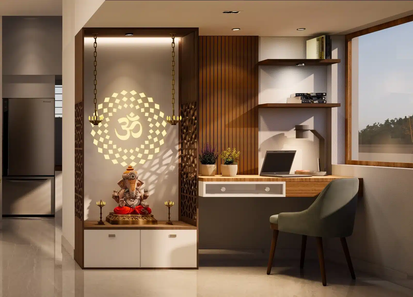 Pooja & Prayer Room interior of a home designed and built by Rzian Homez in Trivandrum