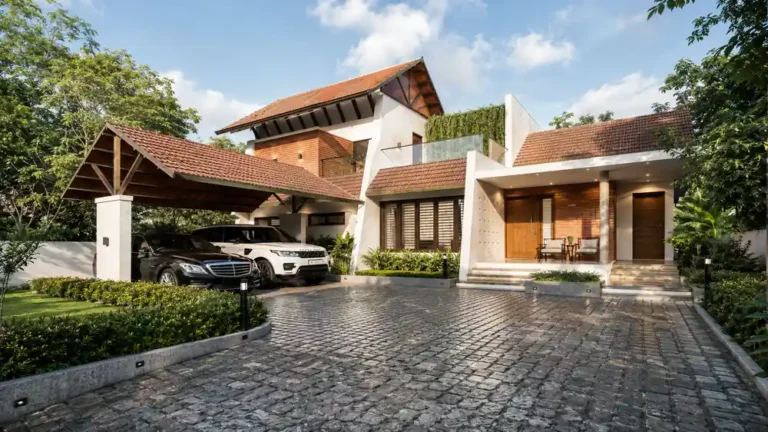 Contemporary Kerala traditional home elevation near DPI, Trivandrum, designed and built by Rzian Homez