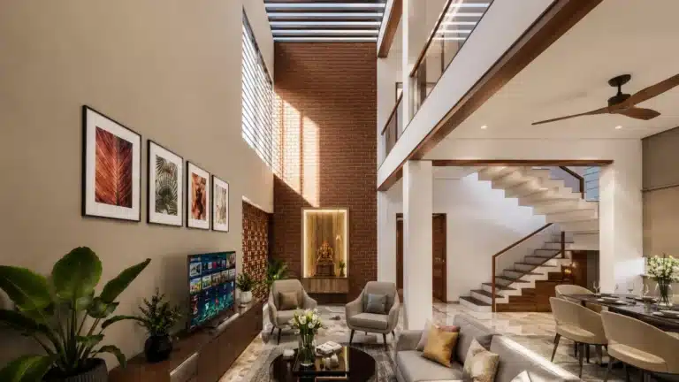 Living Room interior of a home designed and built by Rzian Homez in Trivandrum