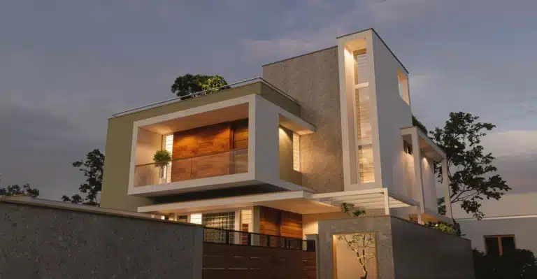 Exterior elevation of a custom home designed and built by Rzian Homez in Chalakkuzhi, Pattom, Trivandrum