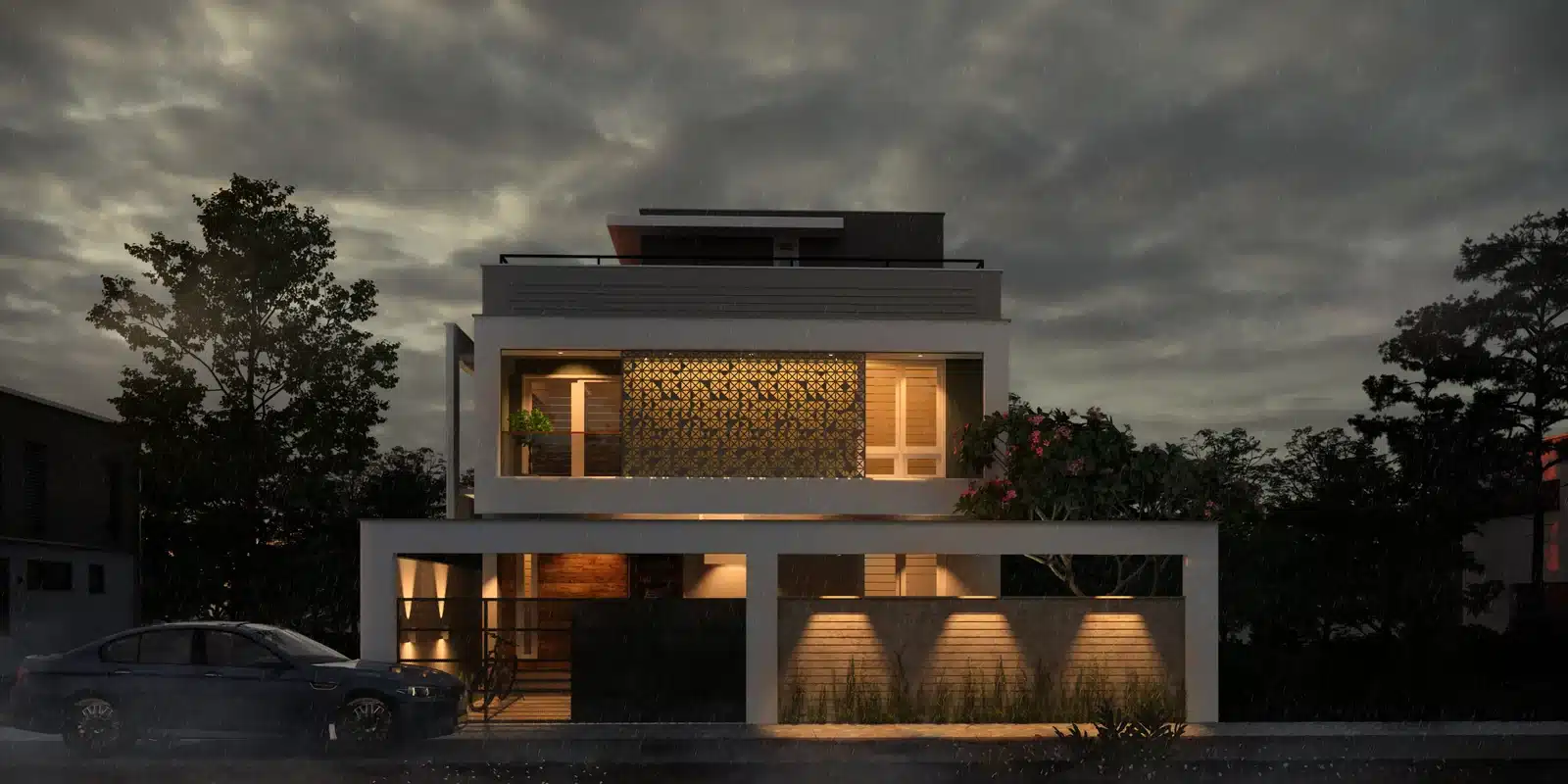 Kerala home elevation at night, Pangappara, Trivandrum