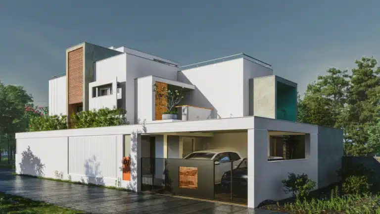 Exterior elevation of a custom home designed and built by Rzian Homez in Karyavattom, Trivandrum