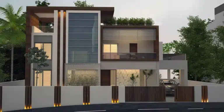 Exterior elevation of a custom home designed and built by Rzian Homez in Miranda Junction, Kunnukuzhi, Trivandrum