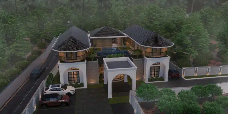 Exterior elevation of a custom home designed and built by Rzian Homez in Kazhakkoottam, Trivandrum