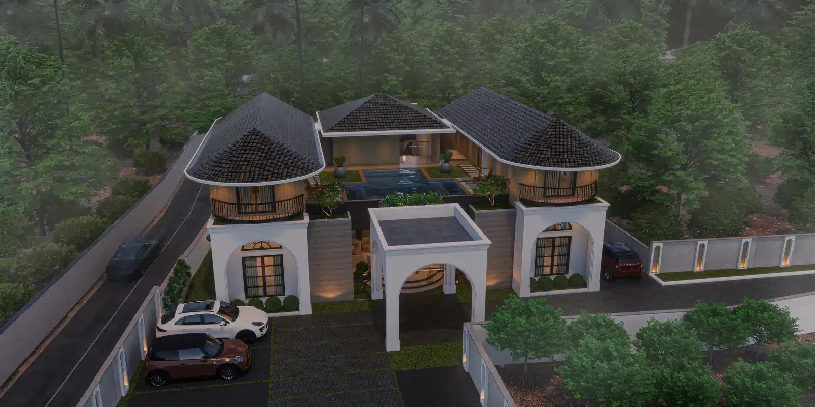 6 BHK Double floor Kerala house plan elevation, view 1