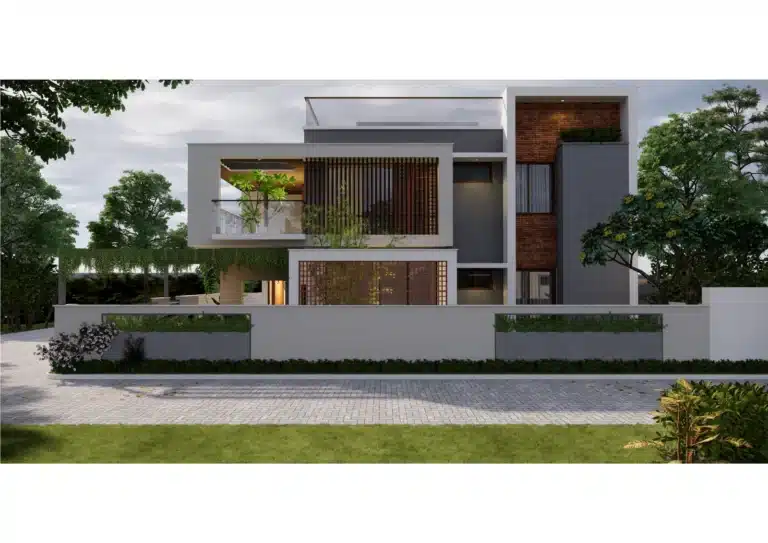 Exterior elevation of a custom home designed and built by Rzian Homez in Thirumala, Trivandrum