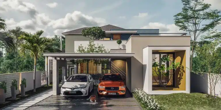 Exterior elevation of a custom home designed and built by Rzian Homez in Keraladithyapuram, Trivandrum