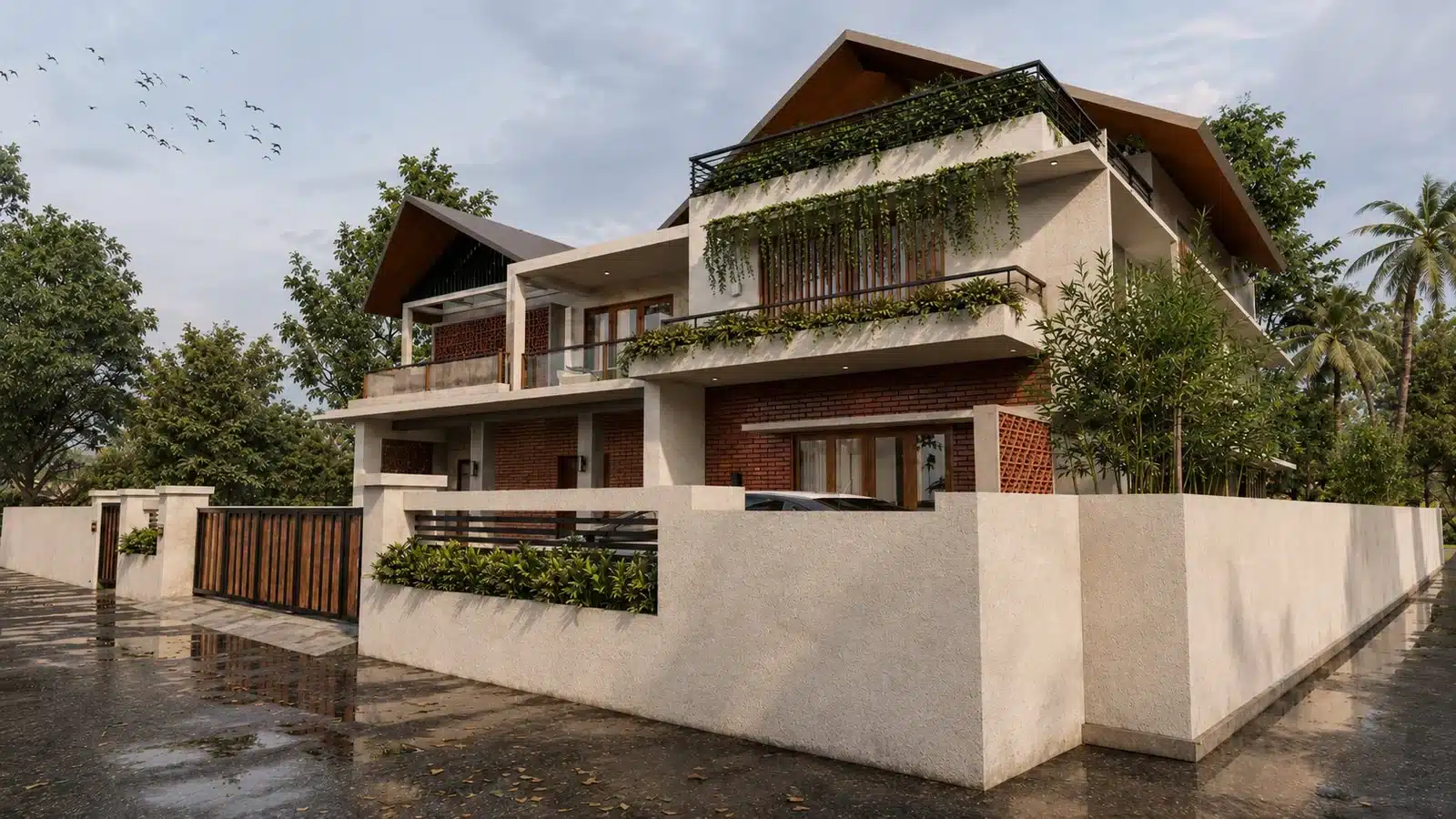 Exterior elevation of a custom home designed and built by Rzian Homez in Kattakada, Trivandrum