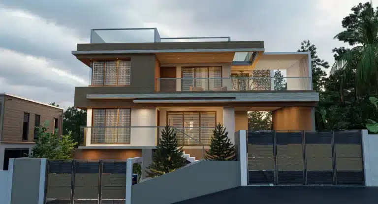 Exterior elevation of a custom home designed and built by Rzian Homez in Kuravankonam, Trivandrum