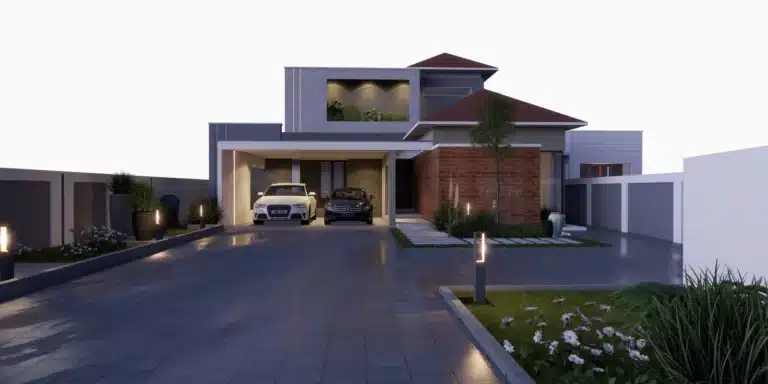 Exterior elevation of a custom home designed and built by Rzian Homez in Vattiyoorkavu, Trivandrum