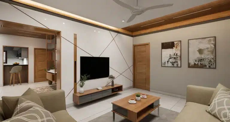 Living Room interior of a home designed and built by Rzian Homez in Pothencode, Trivandrum