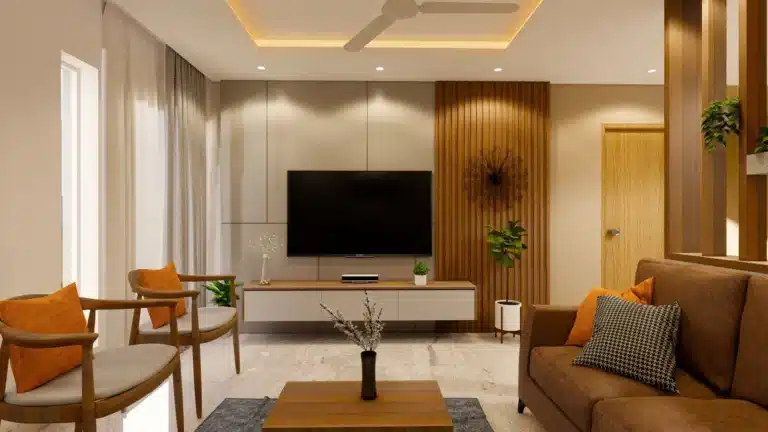 Living Room interior of a home designed and built by Rzian Homez in Varkala, Trivandrum