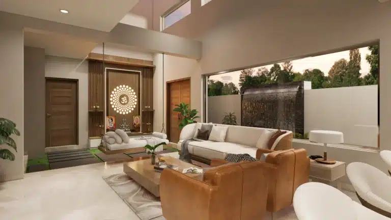 Living Room interior of a home designed and built by Rzian Homez in Menamkulam, Kazhakkoottam, Trivandrum