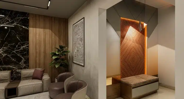 Living Room interior of a home designed and built by Rzian Homez in Kaithamukku, Trivandrum