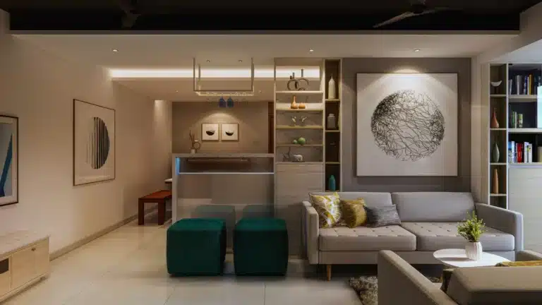 Living Room interior of a home designed and built by Rzian Homez in Kazhakkoottam, Trivandrum