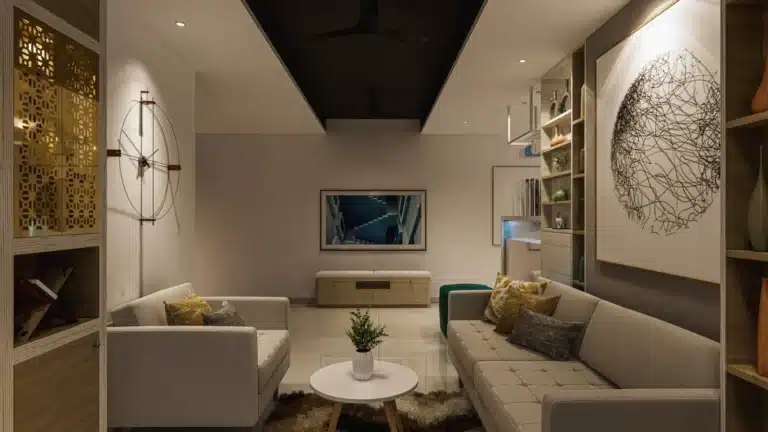 Living Room interior of a home designed and built by Rzian Homez in Kazhakkoottam, Trivandrum