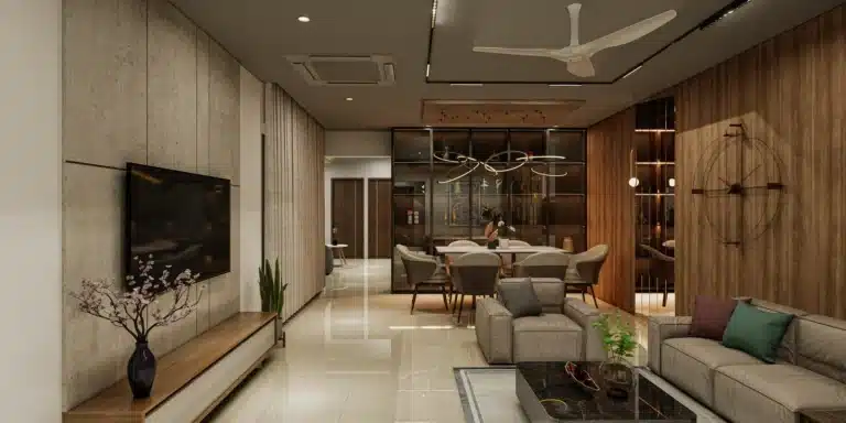 Living Room interior of a home designed and built by Rzian Homez in Kaithamukku, Trivandrum