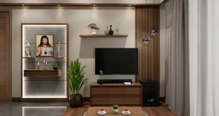 Living Room interior of a home designed and built by Rzian Homez in Sreekaryam, Trivandrum