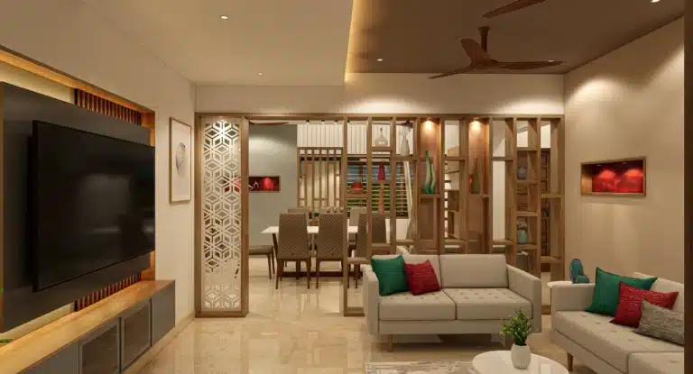 Living Room interior of a home designed and built by Rzian Homez in Navaikulam, Trivandrum