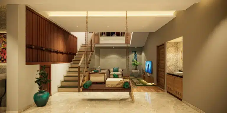 Living Room interior of a home designed and built by Rzian Homez in Haripad, Trivandrum