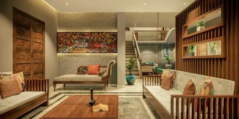 Living Room interior of a home designed and built by Rzian Homez in Haripad, Trivandrum