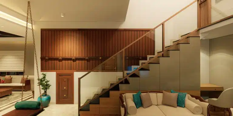Living Room interior of a home designed and built by Rzian Homez in Haripad, Trivandrum