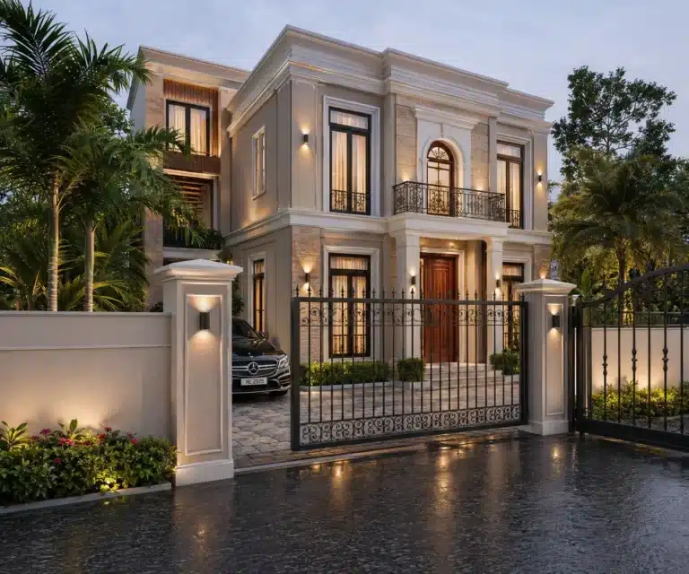 Exterior elevation of a custom home designed and built by Rzian Homez in Trivandrum