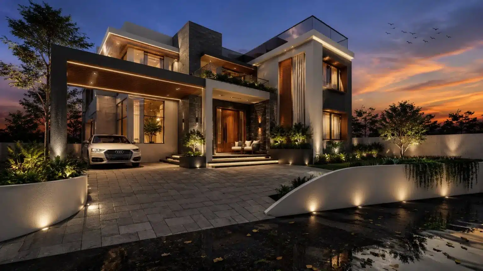 Modern home elevation design example by Rzian Homez, Trivandrum